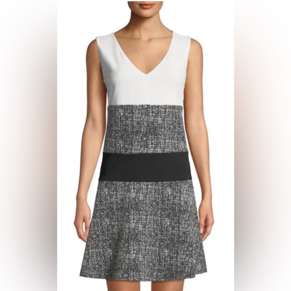 NWT Donna Karan Sleeveless Crepe & Tweed ColorBlock A-line Mini Swing ShiftDress